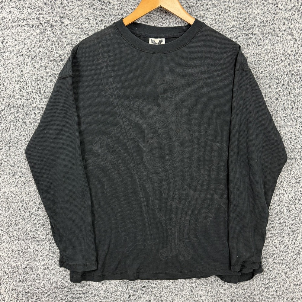 Avirex Shirt Mens XL Black Warrior Graphic Thermal Waffle Knit Long Sleeve Tee